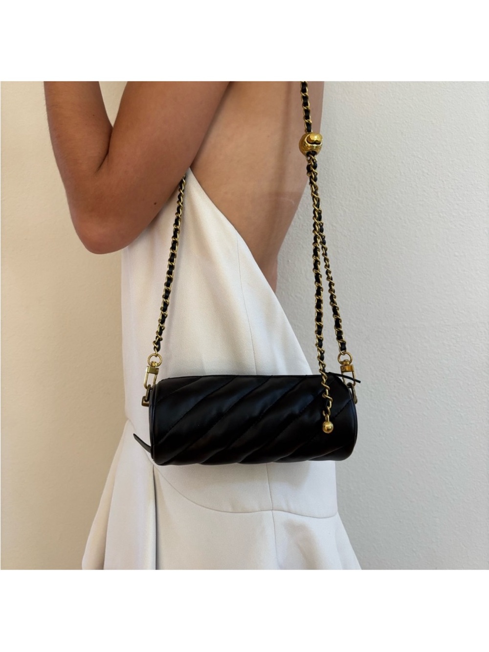 Zara Black Quilted Mini Crossbody with Gold Chain and Tassel